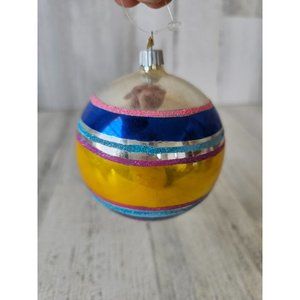 Vintage radko shiny Brite yellow striped glitter silver ball mercury glass ornam